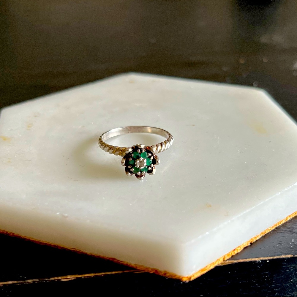 Emerald and sterling silver ring, size 8